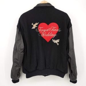 Heart Wedding Varsity Letterman Jacket Wool Leather Sleeves Vintage Black Size L